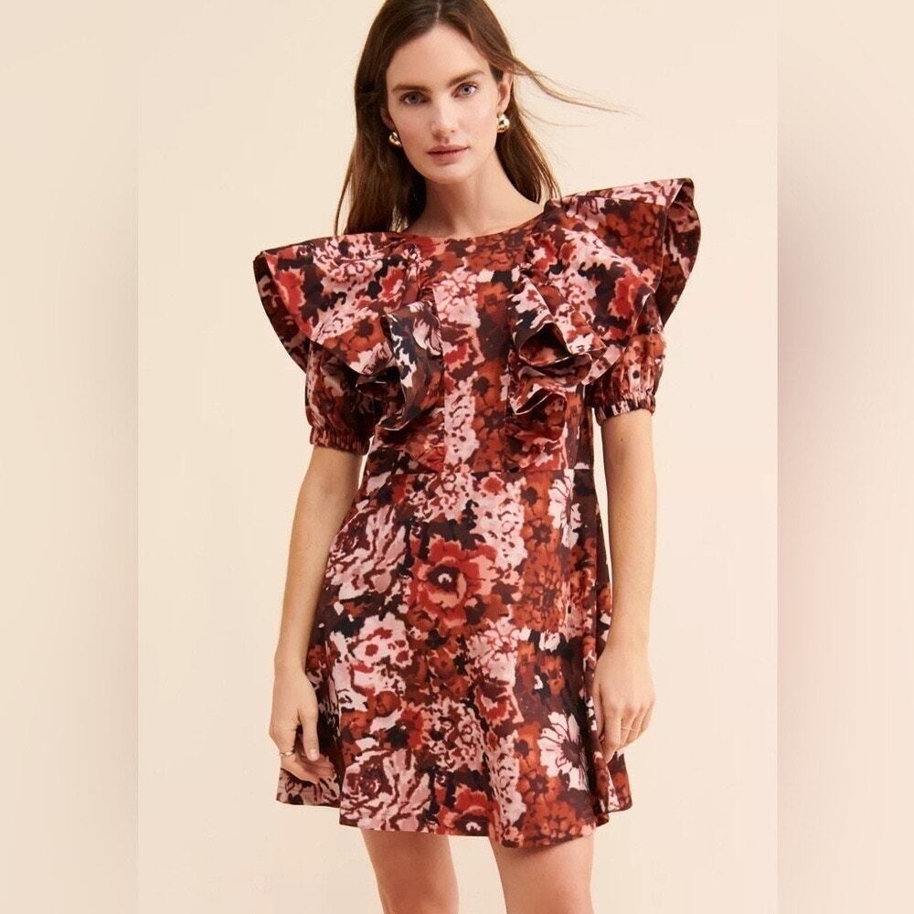 Damson Madder Floral Puff Sleeve Ruffle Mini Dress Cottagecore Romantic Size 10